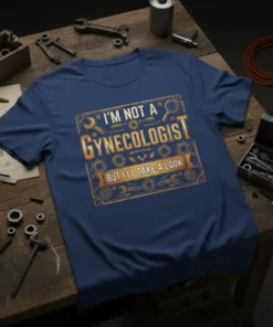 T-shirt with the text "I'm Not a Gynecologist But I'll Take a Look" in a vintage, golden style, featuring tools