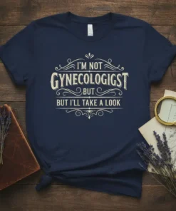 Navy t-shirt with "I'm Not Gynecologist But I'll Take A Look" quote in distressed vintage lettering