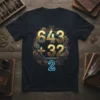 Black t-shirt featuring the humorous math equation "643 + 32 = 2" in a steampunk-inspired design with gears and golden