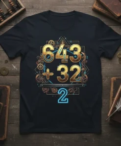 Black t-shirt featuring the humorous math equation "643 + 32 = 2" in a steampunk-inspired design with gears and golden