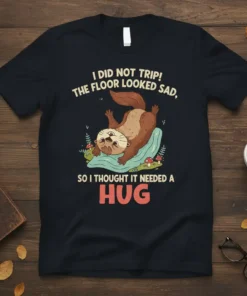 Funny otter graphic t-shirt with the quote "I Did Not Trip! The Floor Looked Sad, So I Thought It Needed