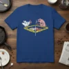 Funny t-shirt design with chicken and pig characters behind police line tape, text reads "USE POULTRY, LISE 99 TWIT ER