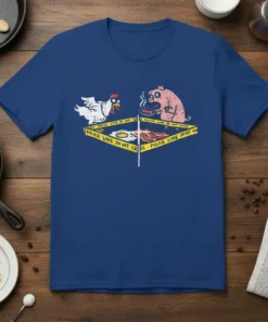 Funny t-shirt design with chicken and pig characters behind police line tape, text reads "USE POULTRY, LISE 99 TWIT ER