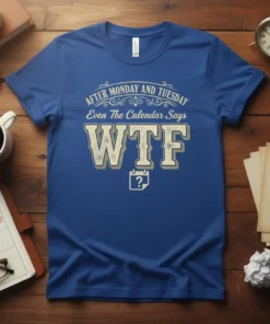 Blue t-shirt with "After Monday And Tuesday Even The Calendar Says WTF ?" text in vintage font, featuring a calendar