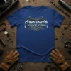 FUNSUCKER text in bold, metallic font with gothic wings and steampunk gears graphic on a royal blue t-shirt