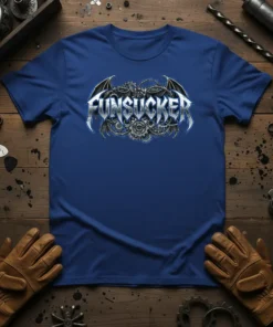 FUNSUCKER text in bold, metallic font with gothic wings and steampunk gears graphic on a royal blue t-shirt