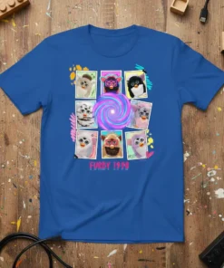 Furby 1998 T-Shirt featuring a collage of vintage Furby faces around a colorful swirl graphic