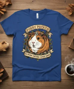 Furry Potato The Original Emotional Support Animal guinea pig design with floral wreath on a blue t-shirt