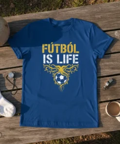 FÚTBOL IS LIFE text design with soccer ball graphic on a blue t-shirt