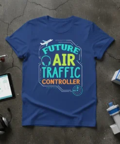 Future Air Traffic Controller text with airplane and radar graphic on a blue t-shirt