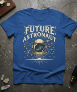 Future Astronaut text with astronaut helmet graphic and planets design on a blue t-shirt