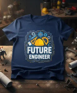 Future Engineer T-Shirt with blueprint, gears, and hard hat graphic