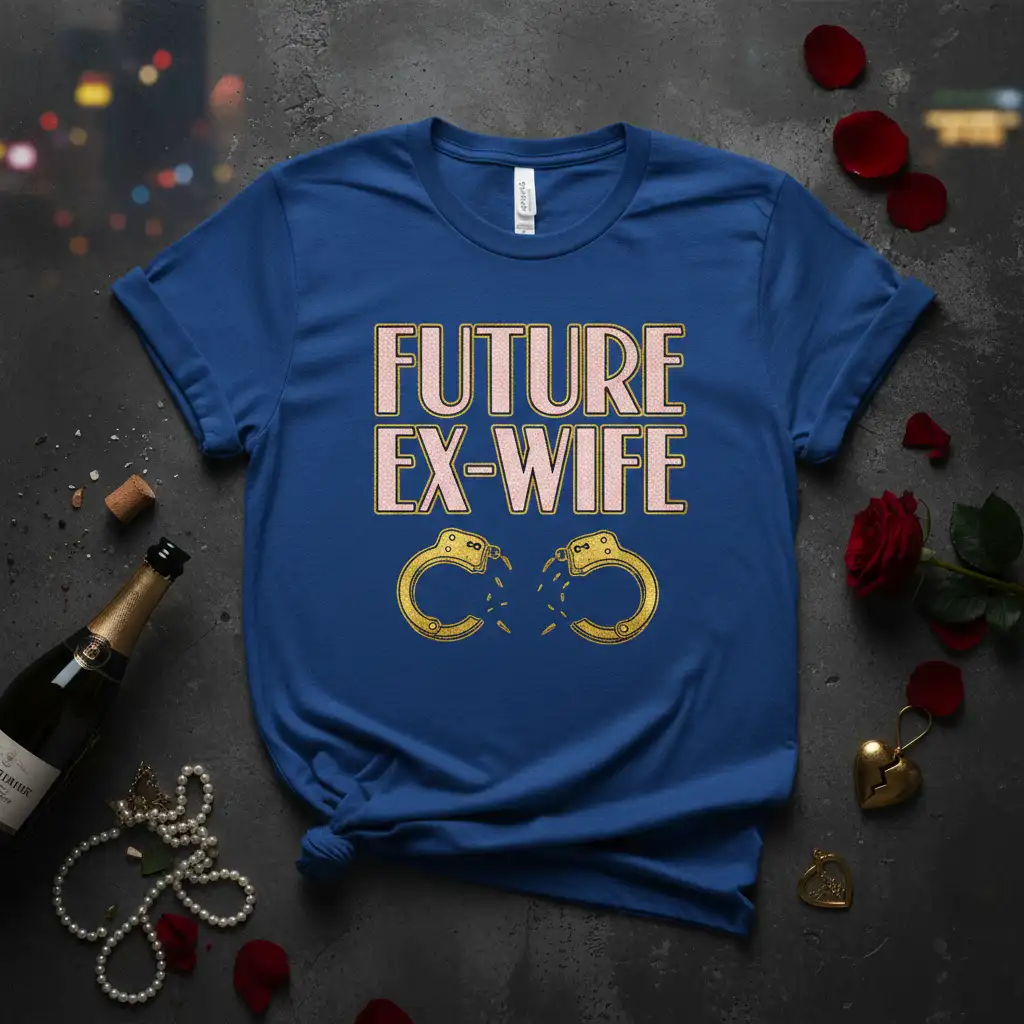 Future Ex-Wife text and broken handcuffs graphic on a blue t-shirt, symbolizing post-divorce freedom