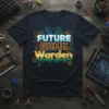 Future Game Warden t-shirt design with blue and gold text and video game controller graphics