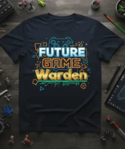 Future Game Warden t-shirt design with blue and gold text and video game controller graphics