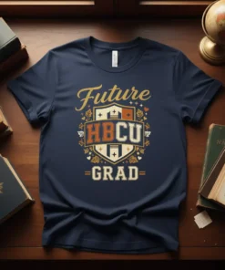 Future HBCU GRAD t-shirt with distressed golden text and crest design, celebrating college graduation