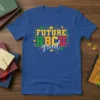 Future HBCU grad text with graduation caps and colorful accents on a blue t-shirt