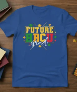 Future HBCU grad text with graduation caps and colorful accents on a blue t-shirt