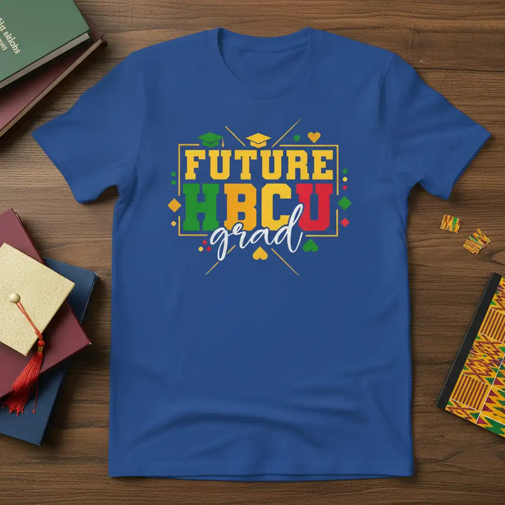 Future HBCU grad text design with graduation caps and colorful accents on a blue t-shirt