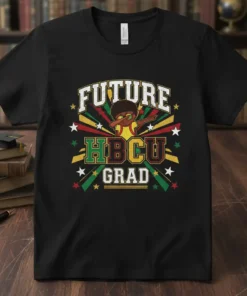 Future HBCU GRAD t-shirt design with a dabbing figure, stars, and colorful rays