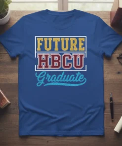 Future HBCU Graduate t-shirt with gold and blue glitter text on a royal blue shirt