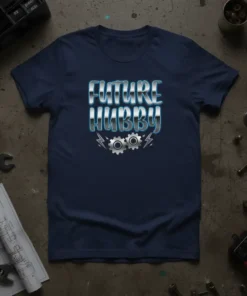 Future Hubby text with gears and lightning bolts graphic on a navy blue t-shirt for grooms