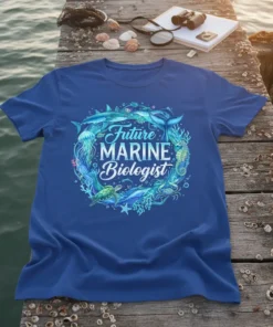 Future Marine Biologist t-shirt design with a circular arrangement of ocean animals and coral