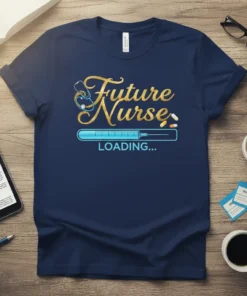 Future Nurse LOADING... t-shirt design with stethoscope, syringe graphic, and pills