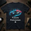 Future Policeman t-shirt design with a police car graphic and city skyline