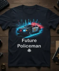 Future Policeman t-shirt design with a police car graphic and city skyline