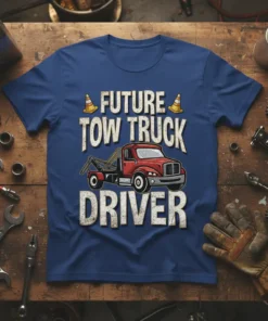 Future Tow Truck Driver t-shirt design with vintage distressed typography and a red tow truck graphic