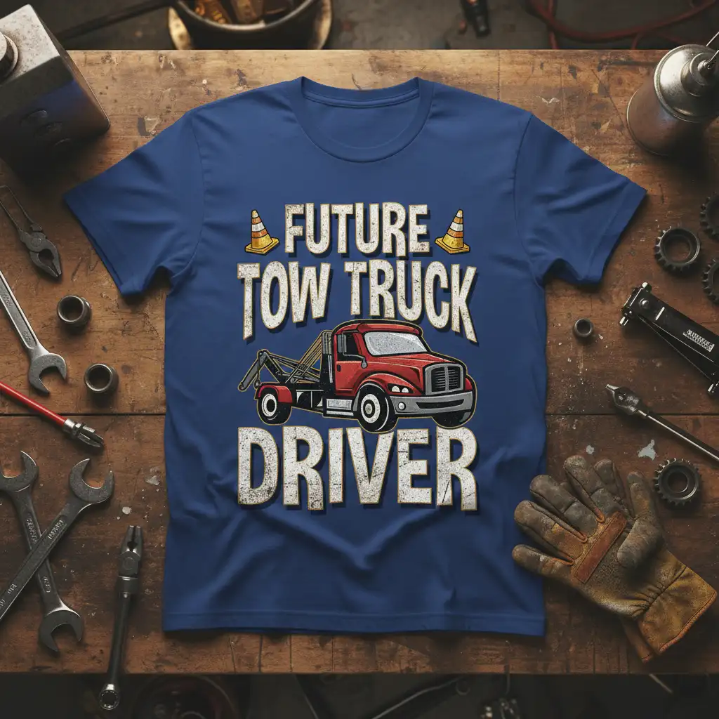 Future Tow Truck Driver graphic tee featuring a vintage red tow truck and bold text