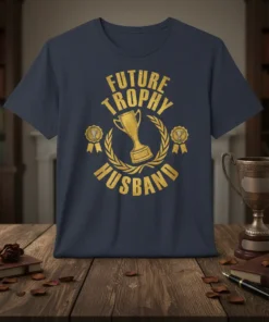 Future Trophy Husband text with trophy graphic on a navy t-shirt, perfect for grooms-to-be and wedding gifts
