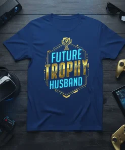 Future Trophy Husband text design with trophy graphic on a navy blue t-shirt, celebrating engagement and wedding for grooms