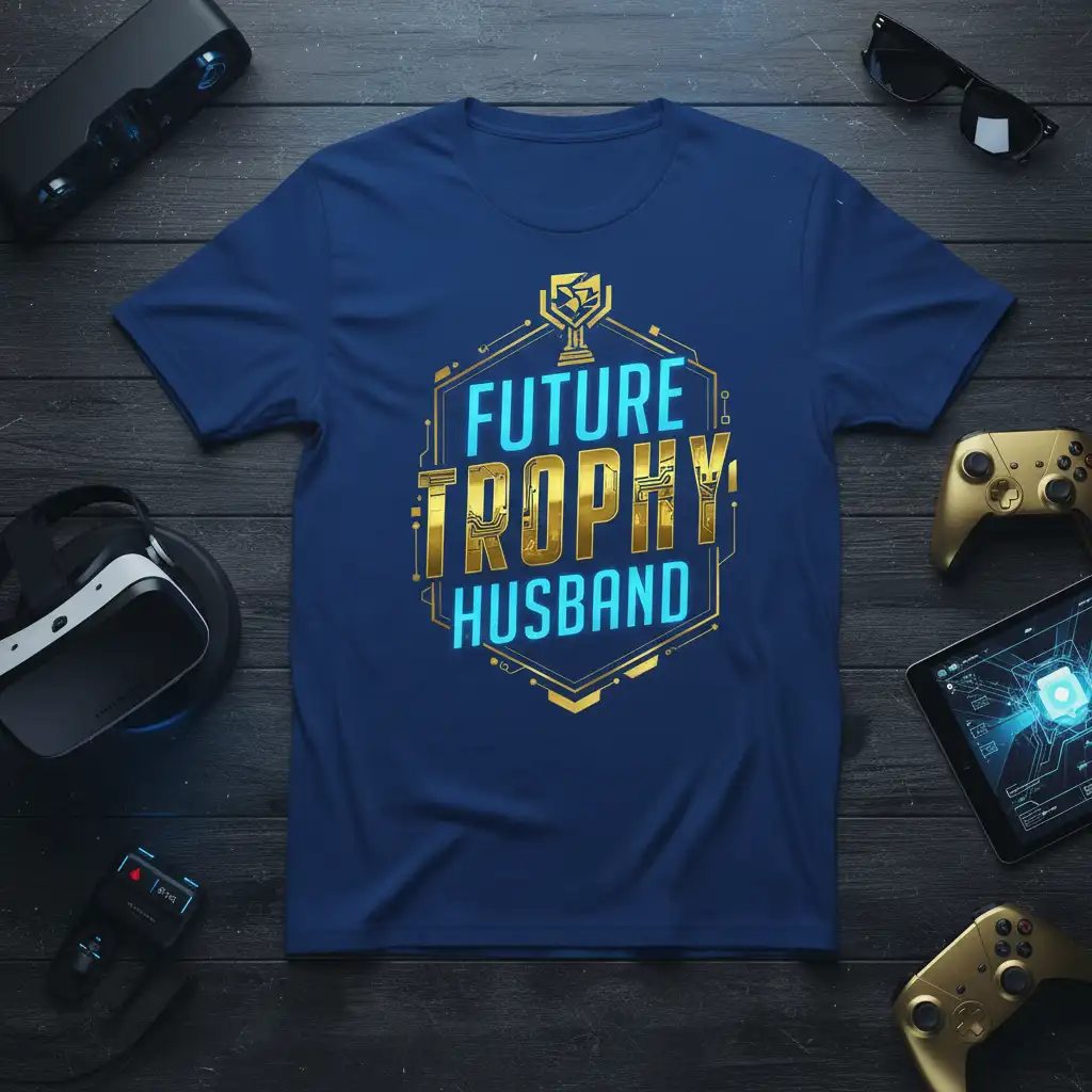 Future Trophy Husband text graphic with trophy icon and futuristic geometric design on a navy blue t-shirt