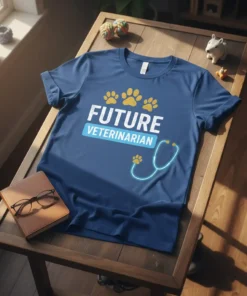 Future Veterinarian T-Shirt with paw prints and stethoscope graphic design on quality cotton t-shirt fabric