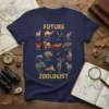 Future Zoologist T-Shirt featuring a grid of cartoon animals like deer, lion, elephant, and zebra with text "Future Zoologist"