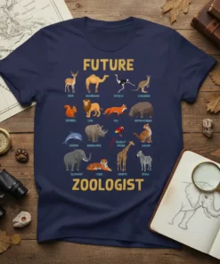 Future Zoologist T-Shirt featuring a grid of cartoon animals like deer, lion, elephant, and zebra with text "Future Zoologist"