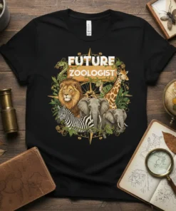 Future Zoologist T-Shirt with a circular design of a lion, elephants, zebra, giraffe, and snakes, set against a compass graphic