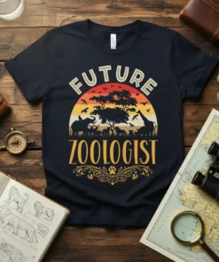 Future Zoologist t-shirt design featuring safari animals and a sunset graphic
