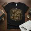 Black t-shirt with "Futuree HBCU Graduate" text in distressed gold font, framed by ornate gold filigree