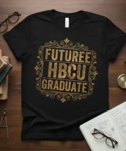 Black t-shirt with "Futuree HBCU Graduate" text in distressed gold font, framed by ornate gold filigree