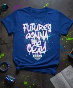 Futures Gonna Be Okay retro cyberpunk graphic tee with white graffiti-style text and neon circuit board design on a blue