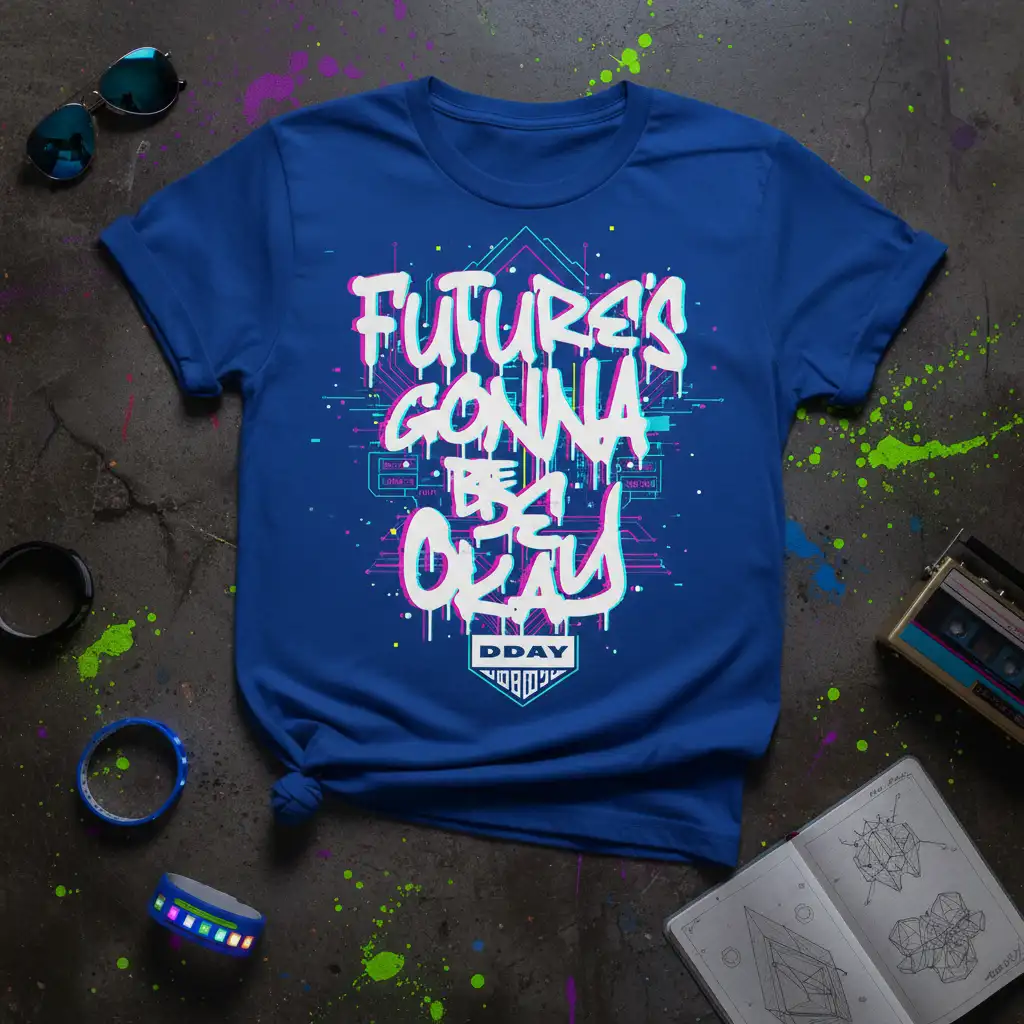 Futures Gonna Be Okay text design with retro cyberpunk circuit board graphics and neon accents on a royal blue t-shirt
