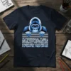 Futurism gorilla design with cryptic text FUTIERINSHAL FUBILL SEA2 MAN BOGARITAR on a navy blue t-shirt
