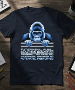 Futurism gorilla design with cryptic text FUTIERINSHAL FUBILL SEA2 MAN BOGARITAR on a navy blue t-shirt