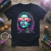 Futuristic cyberpunk woman with neon sunglasses and vibrant digital art design on a dark t-shirt
