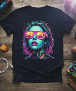 Futuristic cyberpunk woman with neon sunglasses and vibrant digital art design on a dark t-shirt