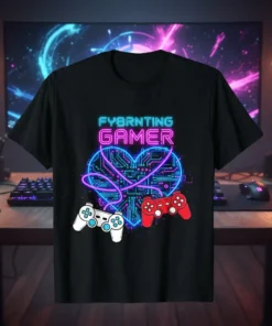Fybrnting Gamer T-Shirt with neon heart circuit and game controllers design
