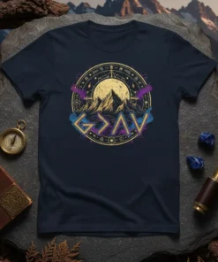 G > ALL Christian T-Shirt with mountain graphic and circular celestial design, navy blue tee